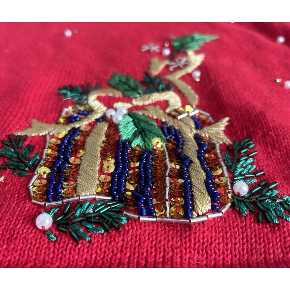 Vtg Victoria Jones Red Christmas Sweater M Beaded Embroidered Festive Scarf - Picture 10 of 14